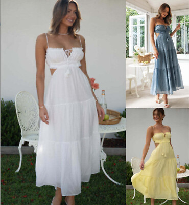 #ad Womens Sexy Boho Solid Chiffon Maxi Long Dress Swing Summer Holiday Sundress US $27.54