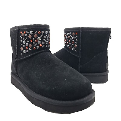 #ad UGG Womens Boots black Suede Fur Classic Mini Stud II Medallion Size 6 37 new $92.00