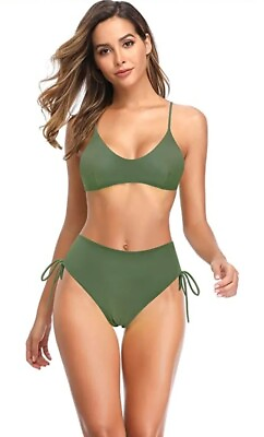 #ad Women#x27;s Summer Soild Color High Waisted Bikini 2 Piece Swimsuit Small Olive New $16.04