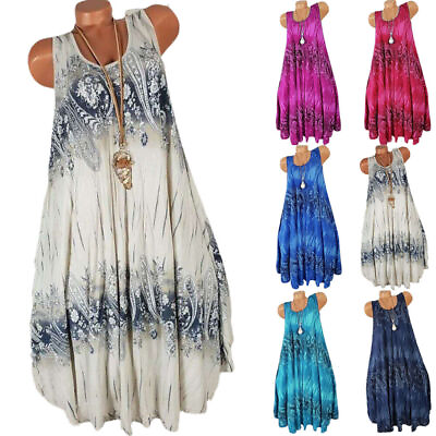 Womens Summer Loose Dress Ladies Boho Beach Holiday Floral Sun Dresses Plus Size $13.86