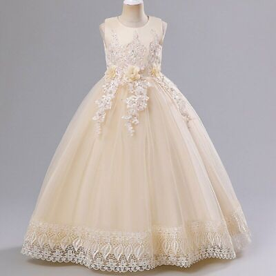 #ad Girls Flower Sequins Sleeveless Dress Children Embroidered Bow Tulle Long Dress $45.88