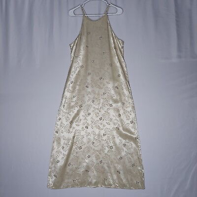 #ad Vtg 90#x27;s Strappy Maxi Dress 16 Cream Floral Satin High Neck Sleeveless Tie Y2K $59.93