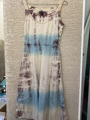 #ad LUCKY BRAND Yellow Blue Tie Dye Print 100% Cotton Lace Boho Dress size S $36.00