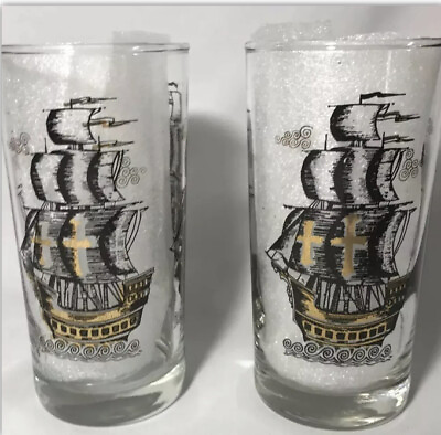 2 Drinking High Ball Glasses Tumblers Ships Black Gold Nautical Cocktail 12 Oz $25.99