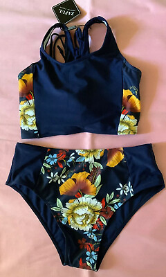 #ad ZAFUL Women#x27;s Floral Bandeau Bikini Set High Cut Lapis Blue Size L 8 NWT*** $14.00