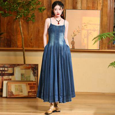 #ad New Women#x27;s Denim Dress Casual Spaghetti Strap Maxi Long Dresses Blue A2619 $69.00