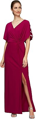 #ad Alex Evenings Women#x27;s Long Knot Front Dress with Embellished Short Sleeve $353.92