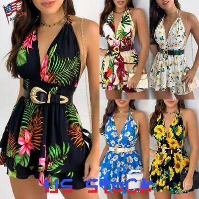 #ad Womens Boho Floral V Neck Strappy Mini Dress Ladies Holiday Beach Swing Sundress $16.09