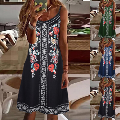 #ad Women Summer Boho V Neck Tank Midi Dress Lady Holiday Sleeveless Swing Sundress $11.49