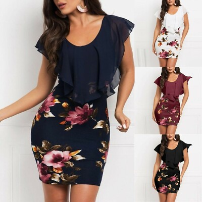 #ad US Womens Summer Floral Bodycon Dress Ladies Evening Party Mini Dress Plus Size $18.23