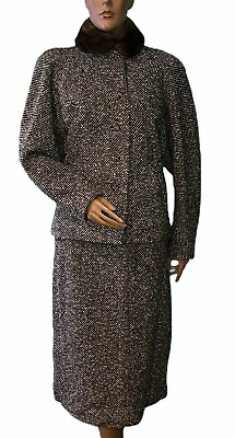 Vintage 60s Tweed Skirt Suit Dress Set mod retro Mink Round Collar S $17.50