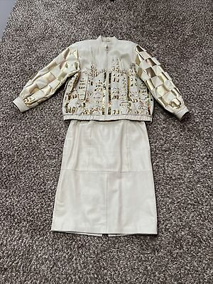 #ad #ad Vintage French Collizioni Leather Skirt Suit Ivory Hand Embroidery Sz. 16 $199.00