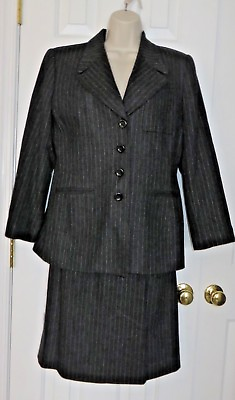 #ad Le Suit Women#x27;s Skirt Suit Petite 8P Pinstrpe Gray Wool Lined 2 Pc L S Career $68.00