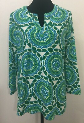 Talbots Womens Beach Cover Up Tunic Petite Medium Green Retro Print Terry Cloth $29.99