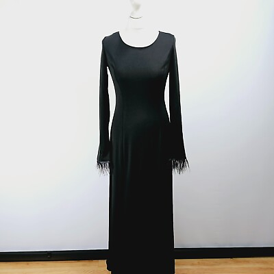 #ad Black Maxi Dress Long Sleeve Feather Cufs Size UK 8 10 NEW GBP 28.00