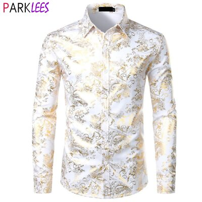 #ad Shiny Printed Luxury Dress Shirts Men Long Sleeve Button Wedding Party Shirt $37.41