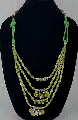#ad Boho 4 Strand Beaded Necklace Olive Spring Lime Green Mesh Glass Acrylic Shell $31.95