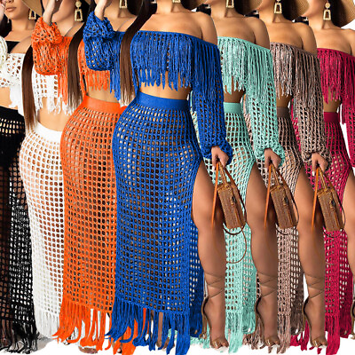 Summer Crochet Dress Beach Wear Womens Two Piece Crop Tassels Top and Skirt Sets $6.59