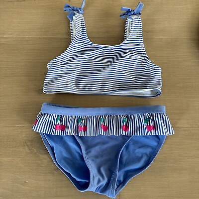 #ad Cat amp; Jack Girls Swimsuit 10 12 Large Blue amp; White Striped Cherry Ruffle Bikini $10.00