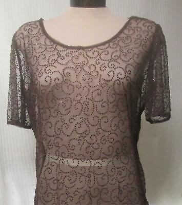 Sheer Brown Mesh Dress with Tiny Beads Scroll Pattern Party Over Dress M D800 $12.00