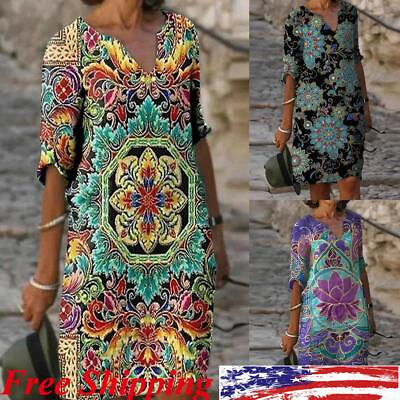 Women Boho Midi Dress Retro Hippie V Neck Ladies Printed Summer Dresses Sundress $20.23