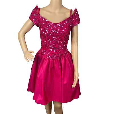 #ad Vtg 80s Mike Benet XS Magenta Pink Sequin Embellished Off Shoulder Party Dress $125.00