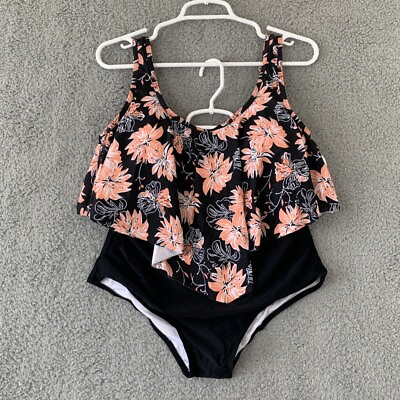 #ad Women#x27;s XL High Waisted Ruffled Top Tummy Control Two Piece Swimsuit $14.00