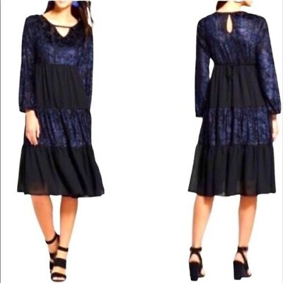 #ad Knox Rose Blue and Black Tiered Crushed Velvet and Chiffon Boho Dress Medium $17.50