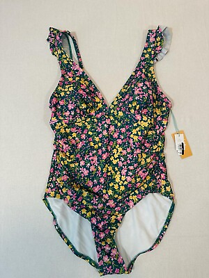 #ad Kona Sol Women#x27;s Swimsuit one piece Ruffle Shoulder Ruched Full Coverage size L $16.38