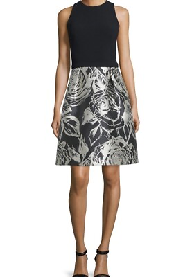 #ad Theia Sleeveless Floral Combo Black Jacquard Cocktail Dress 12 $90.00