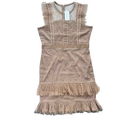 #ad Trish Scully Women’s Size 8 Tan Beige Lace Ruffled Tulle Fitted Sheer Midi Dress $55.00