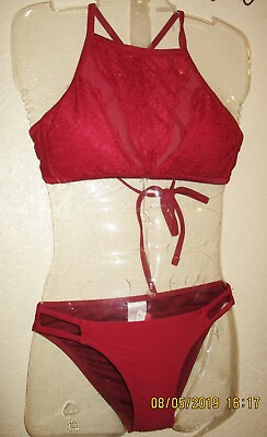 #ad Xhilaration women#x27;s high neck lace bikini TOP OR Strappy Side BOTTOM Garnet Red $11.84