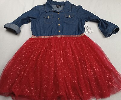 #ad Lilt Girls Denim amp; Red Glitter Gold Tulle Ruffle Party Dress Plus Sz XL 18.5 $10.99