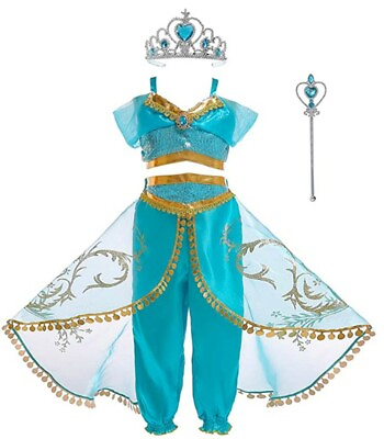 #ad Girls Princess Jasmine Costume Halloween Party Dress Up for girl With Crown Wand $20.98