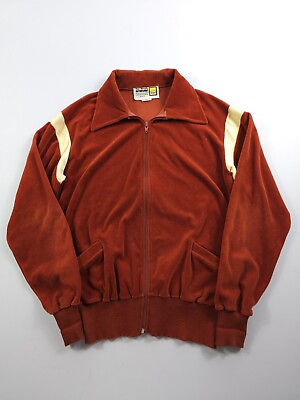 #ad Vintage 1970s Sears New Dimension Orange Velour Full Zip Track Jacket Sweatshirt C $35.00