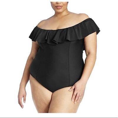#ad Kona Sol Black Off Shoulders One Piece Swimsuit Women Plus Size 20W NEW $19.49