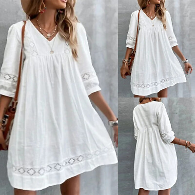 Women Cotton Linen Lace Boho V Neck Swing Dress Summer Holiday Beach Shirt Dress $19.29