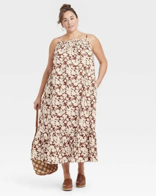 #ad #ad Universal Thread Cotton Brown Floral Print Maxi Sundress 2X NWT Sold Out $19.97