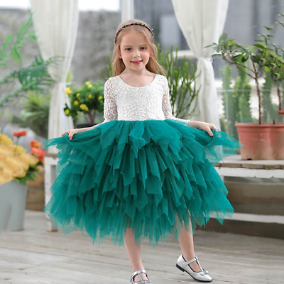 #ad Girls Lace Flower Tiered Tulle Maxi Dress Long Sleeve Princess Party Dress 1 10Y $38.94