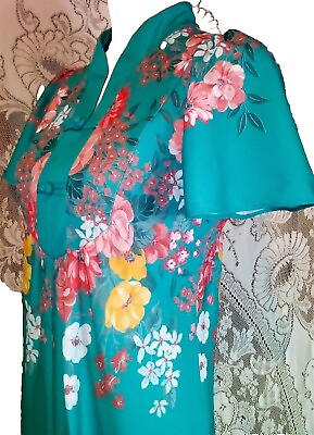 #ad VTG 70s Liberty House Of Hawaii Fluttersleeve Turquoise Floral Maxi Dress XS $43.99