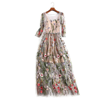 #ad Long Dress Floral Embroidered Flower Tulle Half Sleeve Maxi Skirts for Women $27.98