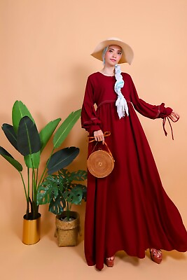 #ad Red Long Sleeve Maxi Dress Casual Solid Abaya Kaftan $77.00