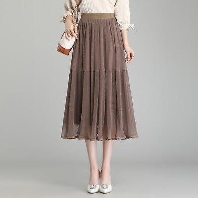 #ad Women Fairy Solid Color Tulle Skirt Elastic Waist Midi A line Mesh Skirt $14.74