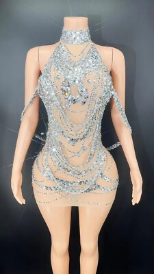 #ad Silver Rhinestone Mesh Mini Dress Party Dresses for women Birthday Dresses $249.00