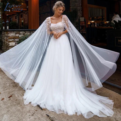 #ad Ivory Princess Wedding Dresses With Cape Tulle Backless Sexy Boho Bride Gowns $252.07
