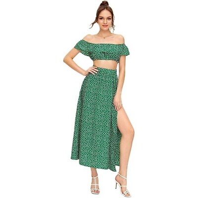 #ad Set: Green Floral Ruffle Sleeve Crop Top High Waist Maxi Skirt w Slit Size $30.00