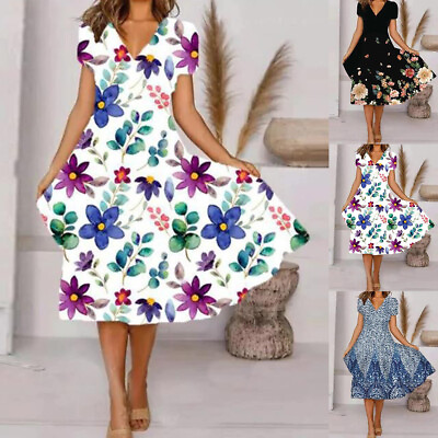 #ad Womens Boho V Neck Floral Midi Dress Ladies Loose Baggy Summer Holiday Sundress $26.69