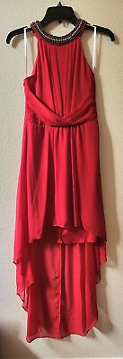 #ad Red Cocktail Dress With Beaded Neckline High Low Hem Sz 3 4 $25.00