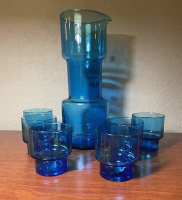 #ad Vintage Blue Cocktail Pitcher Set Mid Century Modern With Six Glasses Italy RARE $250.00