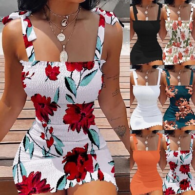 #ad Ladies Floral Dress Strappy Mini Dress Party Beach Stretch Bodycon Dresses $14.99